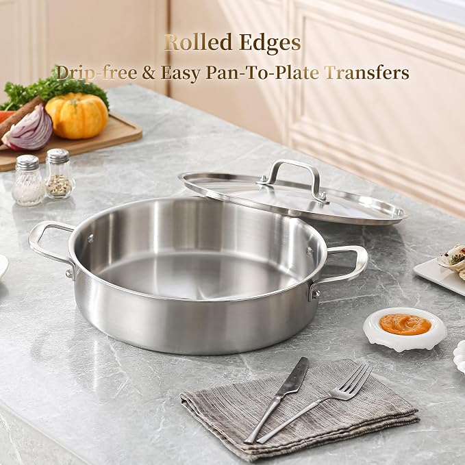 DELARLO Tri-Ply Stainless Steel 7 Quart Braiser Pan with Lid - Image 7