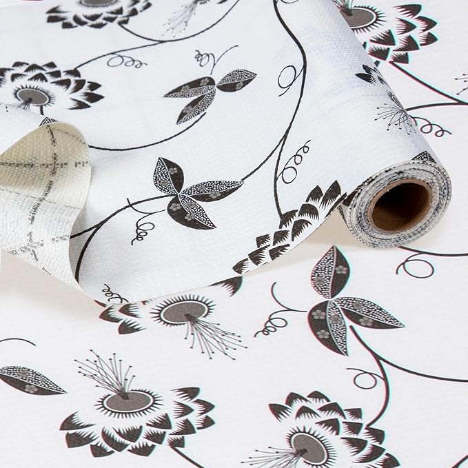 Shelf Liner 12In x 10FT Non Adhesive Pantry Liner Black White Floral Leaves by RAYSTAR