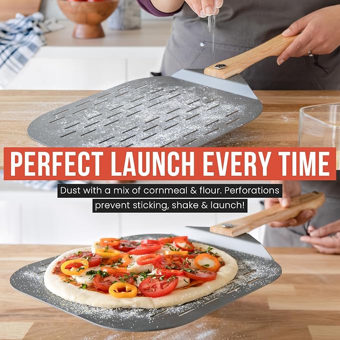 Chef Pomodoro Aluminum Perforated Pizza Peel 16 Inch with Foldable Handle | Perforated Pizza Peel 16 inch, Pizza Steel Perforated Design Prevents Sticking, Foldable Stainless Steel Pizza Peel Handle - Image 4