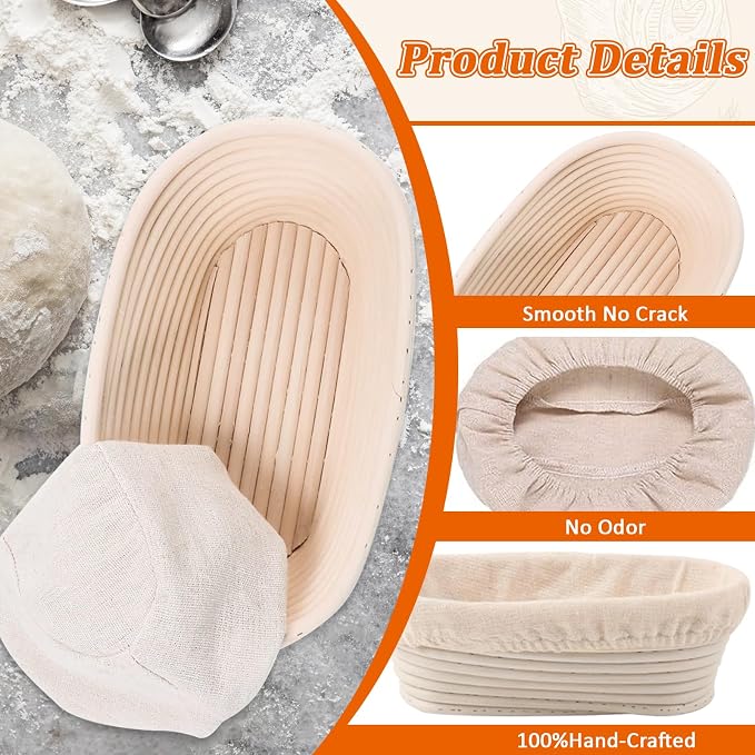 6 Pack Oval Banneton Proofing Basket Set 10 Inch, Natural Rattan Sourdough Bread Baskets with Linen Liners, Dough Baking Bowls for Professional & Home Bakers (10" Oval -6 Pack) - Image 5