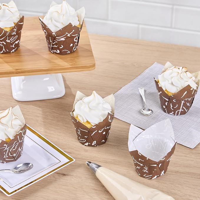 Restaurantware-Premium 1.2-oz Baking Cups: Regular-Tulip Paper Baking Cups Perfect for Muffins, Cupcakes or Mini Snacks - Brown Chocolate Wisp Print Design - Disposable - 200-CT - Image 7