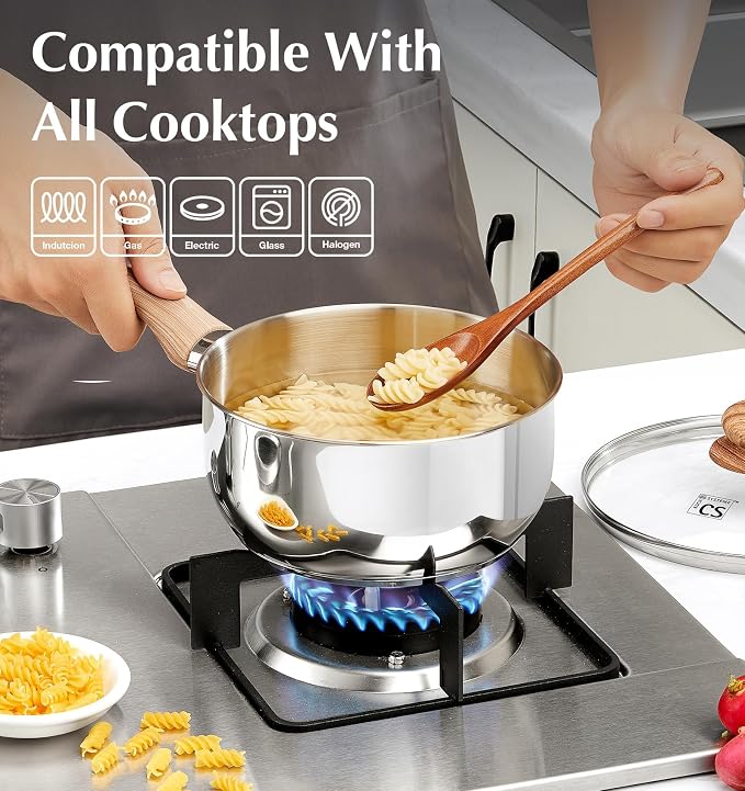 KOCH SYSTEME CS Stainless Steel Saucepan Set 1QT 2QT 3QT, 18/10 Stainless Steel Sauce Pan with Glass Lid, Even Heating Sauce Pot with Wood Grain Stay Cool Handle, Induction Compatible, Dishwasher Safe - Image 2