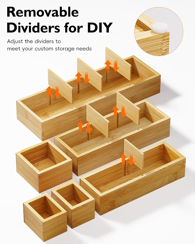 Bamboo Drawer Organizer Set, 6 PCS Trays with 12 Compartments - Image 3