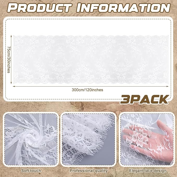 Remagr 3 Pcs White Lace Table Runner 30 x 120 Inch Vintage Rustic Boho Table Runners Embroidered Floral Lace Decor for Wedding Party Bridal Shower Baby Shower - Image 2