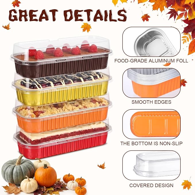 Qunclay 200 Pcs Aluminum Foil Mini Loaf Pans with Lids 6.8 oz Disposable Mini Cake Pan with Lid Rectangle Baking Cups for Party Muffin Cheesecake Ramekins (Gold, Orange, Red,Brown) - Image 3