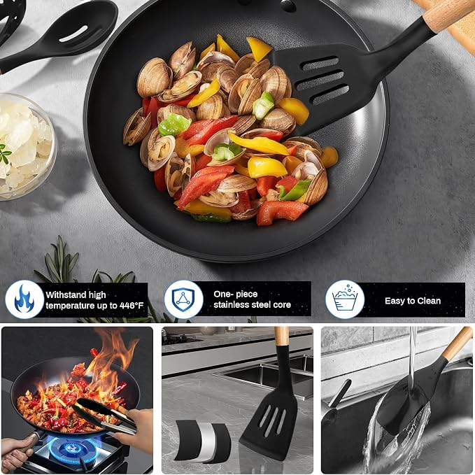 Kitchen Knife Set,18 Pieces Black Kitchen Utensils Set with Holder and Kitchen Professional Chef Knife Set for Cooking,Non-Stick Heat Resistan Silicone Utensils Set with Wooden Handle (Black) - Image 3