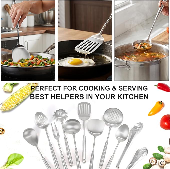 18/10 Stainlss Steel Kitchen Utensils Set, 11 Pcs Long Stainless Steel Cooking Utensils Set, Metal Cooking Utensils Set with Spatula, Spoon, Ladle, Skimmer, Dishwasher Safe - Image 6