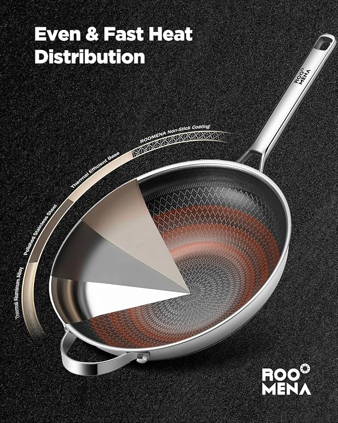 Wok pan with Lid, Hybrid Ceramic 13 Inch Tri-Ply Stainless Steel Woks & Stir-fry Pans Nonstick, Non-Toxic, PFAS/PFOA/PTFE Free, Metal Utensil Safe, Dishwasher & Oven Safe, Induction Compatible - Image 6