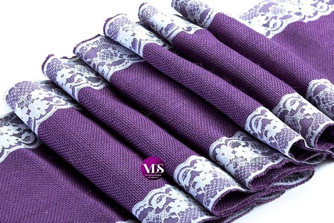 VDS Pack of 10, Burlap Table Runner with White Lace Edge, 100% Natural Jute Rustic Hessian Table Cloth Centerpiece for Wedding Birthday Party Banquet Table Decoration (Size 12X108 Inch)(Lavender) - Image 2