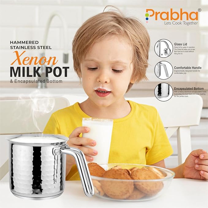 Prabha Stainless Steel Milk Pot With Handle 11cm 1.1 Litre | Hammered Milk Boiler Glass Lid Steam Vent | Tea Container Water Boiling | Coffee/Milk Warmer, Even & Faster Heating | Induction & Gas Stove - Image 6