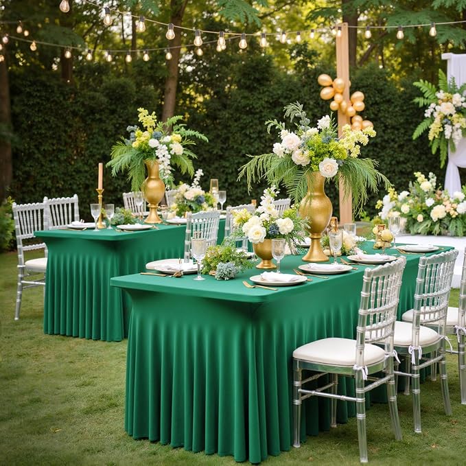 3 Pack Emerald Green Spandex Tablecloth for 8 Foot Rectangle Tables, Wrinkle Free Fitted Table Cloth Cover 8ft Green Stretchy Tablecloths with Skirt for Parties Weddings Birthday Banquet Baby Shower - Image 4