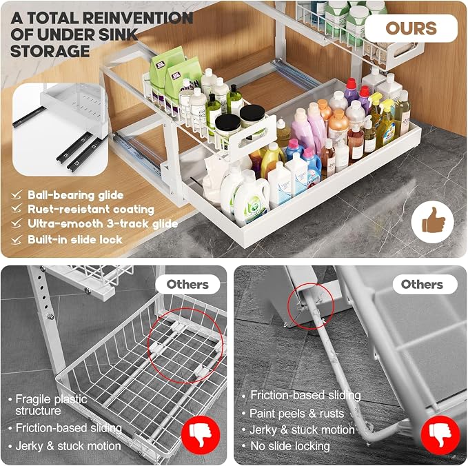 1 Pack-16"-26"W Expandable Under Sink Organizer With Upgrade Ball-Bearing Slide,2-Tier Pull Out Under Cabinet Organizer Height Adjustable,Not Suitable For Cabinets With Partitions In The Middle - Image 5