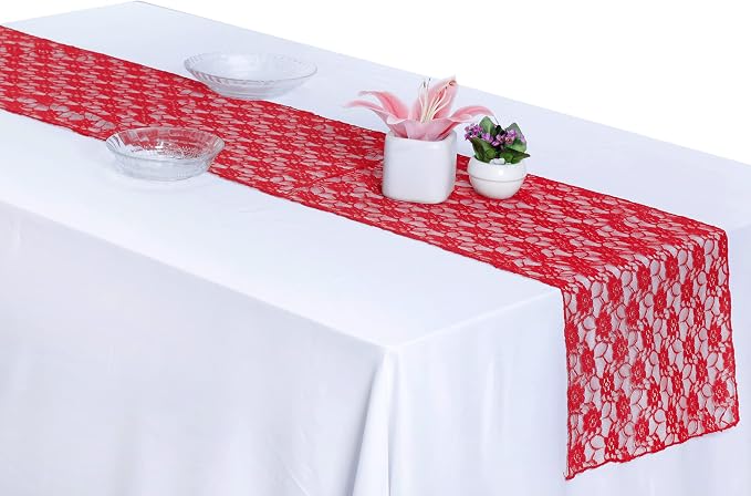 MDS Pack of 12 Wedding 12 x 108 inches Lace Table Runner for Wedding, Decorations for Birthday Parties, Banquets, Graduations, Engagements, Suitable All Dinner Tables - Red - Image 5