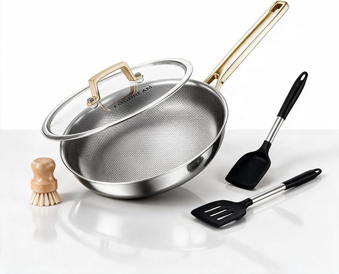 FogDream Non Stick Frying Pans, 10in Titanium Pans for Cooking, Hybrid Stainless Steel Skillet with Spatulas, PFOA Free Cookware, Stay Cool Handle, Dishwasher & Oven-Safe,Induction Compatible,Gold by FogDream