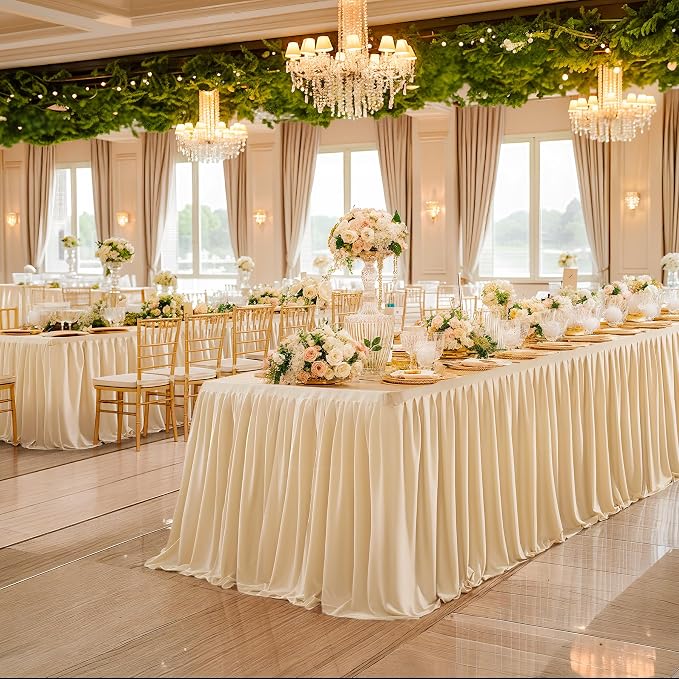 Wish Care Deep Champagne Polyester Table Clothes for 8 Foot Rectangle Tables, Wrinkle Free Fitted Table Cover with Pleated Ruffle Table Skirt for Birthday Party Wedding Trade Show Event Display - Image 2