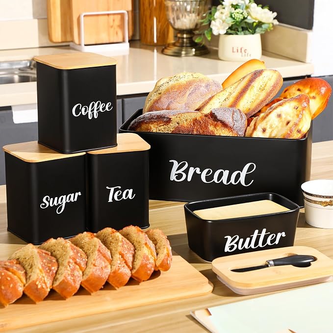 Domensi Metal Bread Box and Ceramic Butter Dish with 3 Airtight Kitchen Canisters Farmhouse Storage Canister Set for Kitchen with Bamboo Cutting Board Lid and Stainless Steel Butter Knife(Black) - Image 4