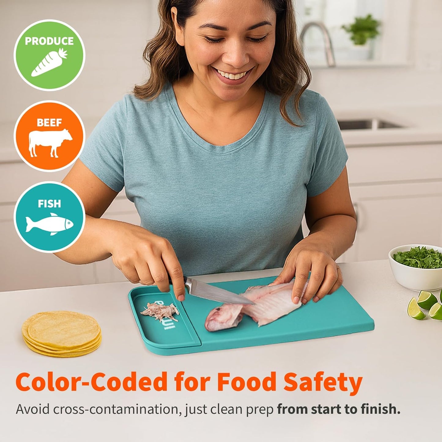 IMUSA Nesting Cutting Board Set with Removable Tray – 4 Piece 14" x 7.5" Plastic Cutting Boards for Kitchen, Color Coded Chopping Board Set, Dishwasher Safe, Easy to Clean, Food Prep Boards