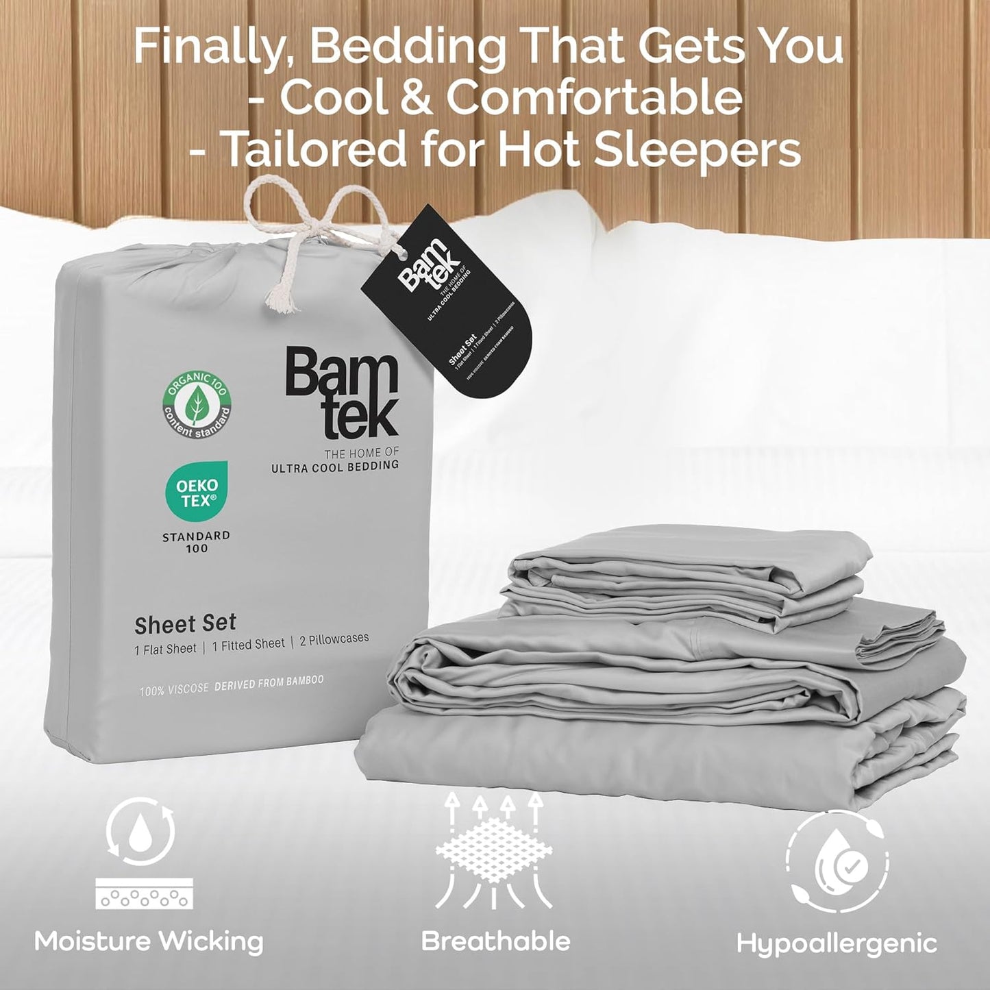 100% Viscose from Bamboo Sheets Queen Size, Super Soft Bedding Set, 4PC Cooling Sheets for Hot Sleepers, Vegan Silk Moisture Wicking, Organically Grown Bedsheet, Gray Mist - 60" x 80"