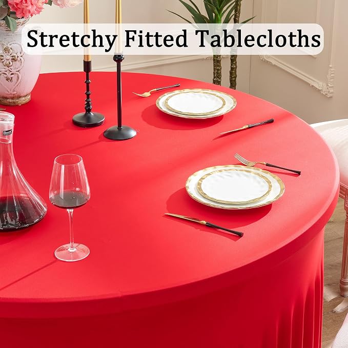6 Pack Spandex Red Round Tablecloths for 60inch Table, 120in Stretchy Fitted 5ft Tablecloths, Wrinkle Free Round Table Clothes Covers with Skirt for Wedding Birthday Parties Banquet - Image 2