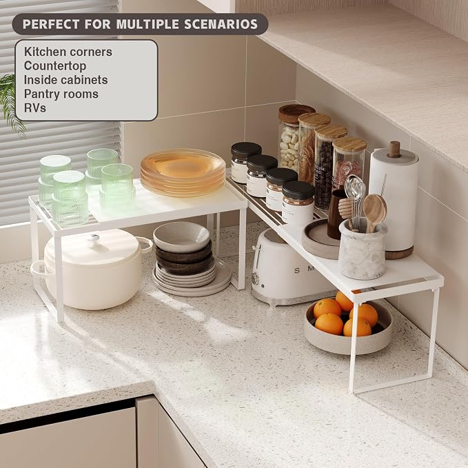Magheo Expandable Kitchen Countertop Organizer, 2 Pack Stackable Cabinet Shelf Risers, Metal Spice Rack Heavy Duty Counter Organizer Storage for Kitchen, Pantry, Cupboard, Rv (8.7in Height,White) - Image 4