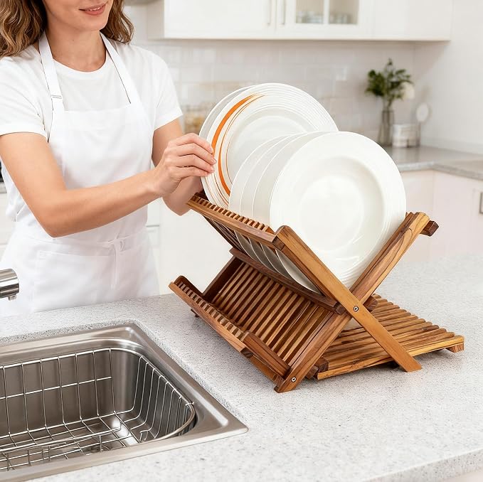 Utoplike Large Teak Dish Drying Rack, Wood Collapsible Organizer for Plates - Image 2