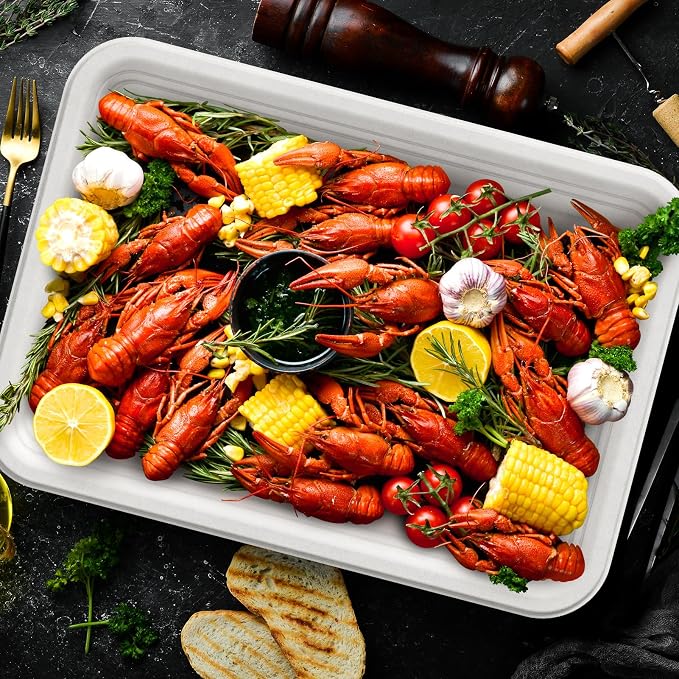 ECOLipak 100 Pack 14 in Compostable White Disposable Food Crawfish Trays | Large Paper Thanksgiving Plates for Turkey, BBQ, Seafood Boil Party Supplies, Heavy Duty, Biodegradable, Sugarcane Bagasse - Image 7