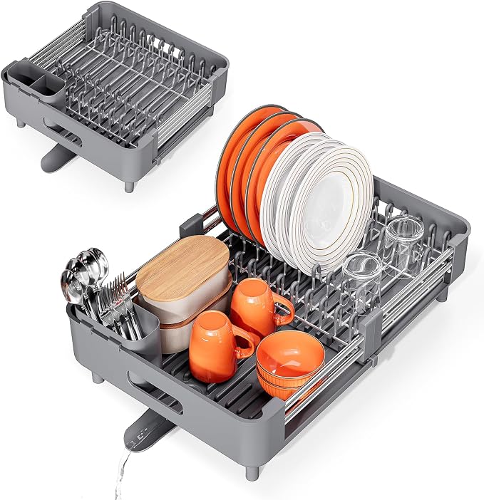Urackify Extendable Stainless Dish Drying Rack for Kitchen Counter, Gray - Image 9