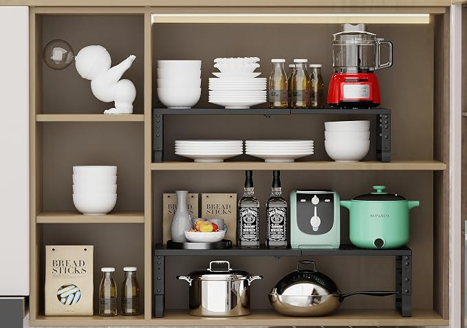 Jojocross Expandable Adjustable Stackable Kitchen Organizer, Spice Rack,Metal Pantry Storage Shelves Racks,Counter Shelf for Cabinets, Countertop, Cupboard (2 Packs/Large/Black) - Image 6