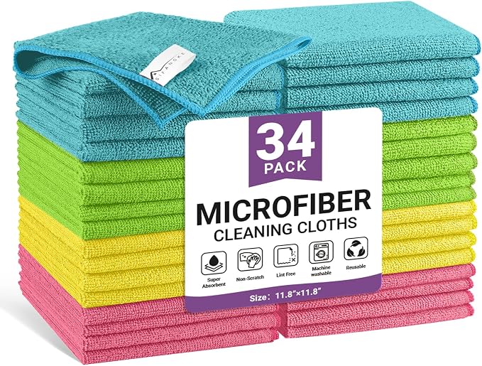 34 Pack Microfiber Cleaning Cloth, 4 Assorted Colors Cleaning Rags for Housekeeping, Colorful Reusable Microfiber Towels for Car, Kitchen, Bathroom and Household Cleaning Supplies, 11.8"X11.8" by Unknown
