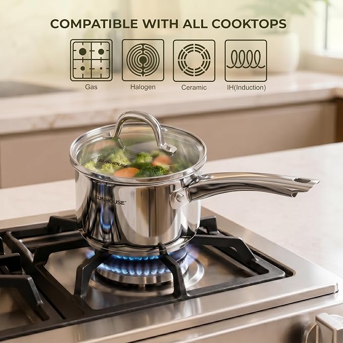 Sunhouse: Stainless Steel Saucepan - Classic: 2 Quart - Tempered Glass Lid, 3-Ply Bottom, Round-Edge Cookware Pot, All Cooktop-Oven-Dishwasher Safe - Image 6