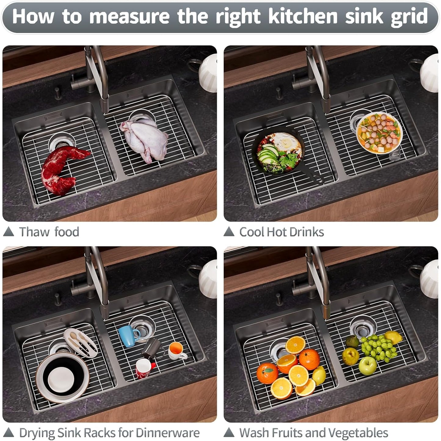 2Pack Stainless Steel Sink Protectors for Kitchen Sink, 13.12’’x11.6’’ Sink Protector Grid with Rear Drain, Rust Resistant Sink Grate for Bottom of Kitchen Sink with 2Pack Sink Drain Strainer