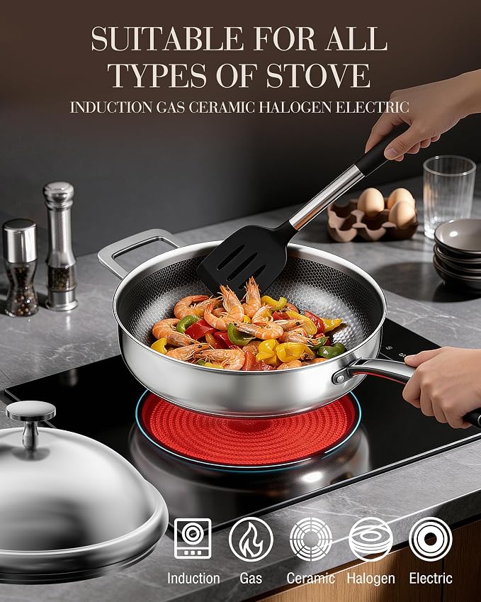 FogDream Non Stick Frying Pans, 10in Titanium Pans for Cooking, Hybrid Stainless Steel Skillet with Spatulas, PFOA Free Cookware, Stay Cool Handle, Dishwasher & Oven-Safe,Induction Compatible,Gold - Image 2