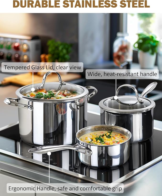 Cooks Standard Multi-Ply Clad 1.5 Quart and 3 Quart Stainless Steel Saucepan Set with Glass Lids, Small Kitchen Induction Cooking Sauce Pots Pans, Dishwasher & Oven Safe, Compatible with All Cooktops - Image 4
