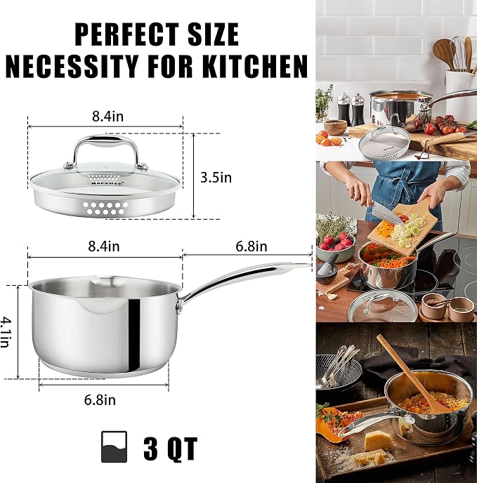 Rorence 3-Quart Saucepan with Lid, Stainless Steel Cooking Pot - Image 5