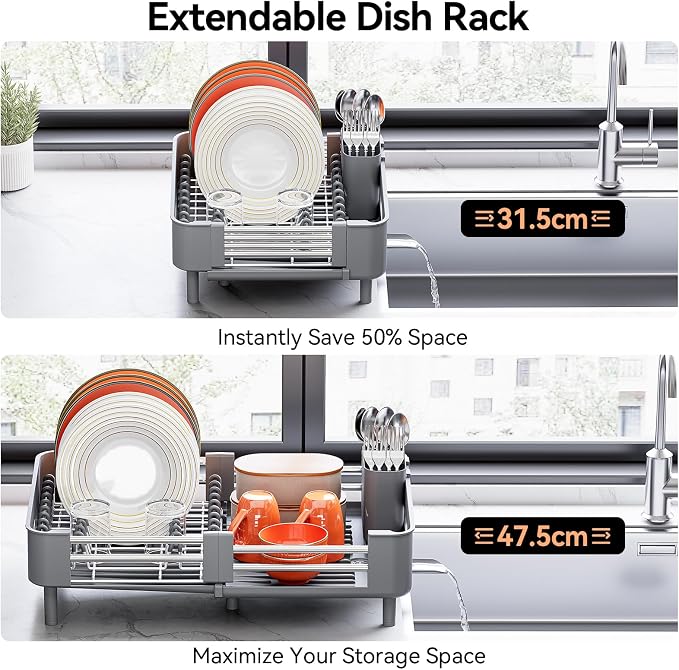 Urackify Extendable Stainless Dish Drying Rack for Kitchen Counter, Gray - Image 3