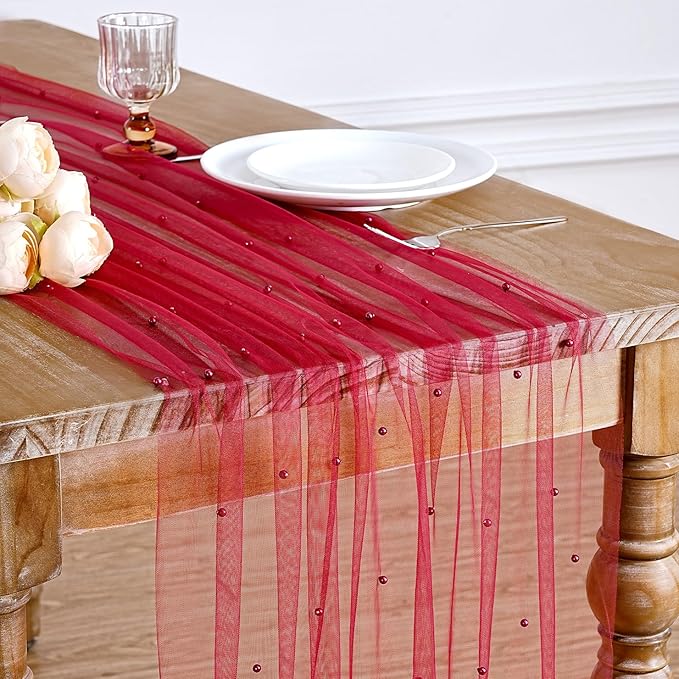 Red Tulle Table Runner Pearl Fabric Christmas Veil Dessert Chiffon Pearl - Image 6