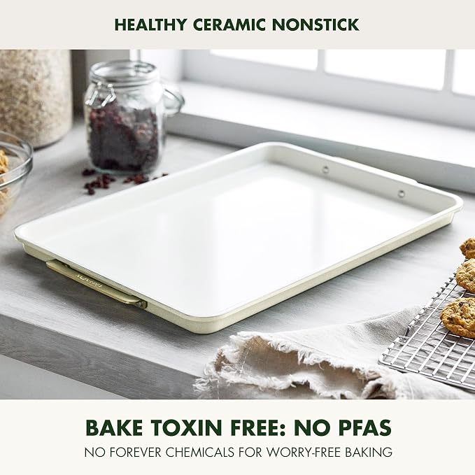GreenPan Bakeware 13"x18" Half Baking Sheet Pan, Ceramic Nonstick Baking Pan, PFAS & BPA Free, Gold Handles, Durable Steel, Versatile & Space Saving Ovenware, Freezer to Oven Dish, Cream - Image 2