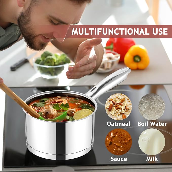 E-far 1 QT Small Saucepan with Lid, Stainless Steel Sauce Pan Boiling Pot - Image 4