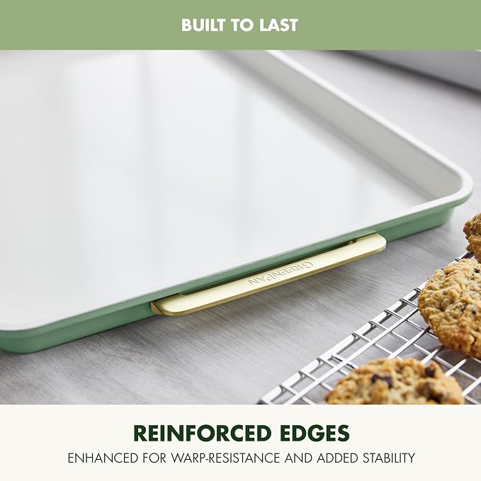 GreenPan Bakeware 13" x 9" Quarter Sheet Pan, Ceramic Nonstick Baking Pan, PFAS & BPA Free, Gold Handles, Durable Steel, Versatile & Space Saving Ovenware, Freezer to Oven Dish, Sage Green - Image 5