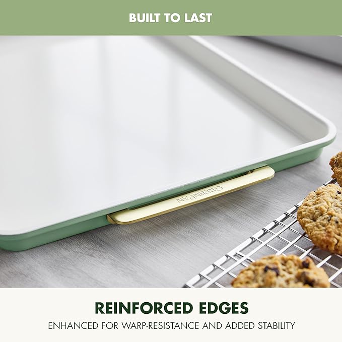 GreenPan Bakeware 13"x18" Half Baking Sheet Pan, Ceramic Nonstick Baking Pan, PFAS & BPA Free, Gold Handles, Durable Steel, Versatile & Space Saving Ovenware, Freezer to Oven Dish, Sage Green - Image 5