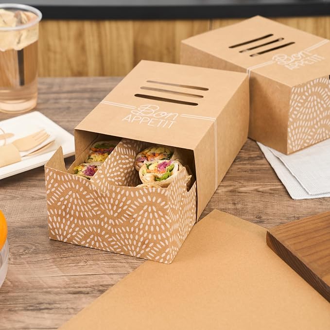 Restaurantware Take Out Food Containers 100 Count 8.3 x 5.7 x 3.7 Inches Paper Sandwich Boxes Disposable Food Packaging Box Design - Image 9
