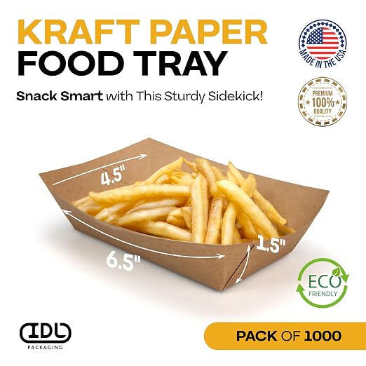 IDL Packaging 6.5" x 4.5" x 1.5" Kraft Paper Food Trays (Pack of 1000) - USA-Made, Food-Safe Poly-Coated for Extra Moisture Resistance - Recyclable Trays for Fries, Burgers, Appetizers & Side Dishes - Image 2