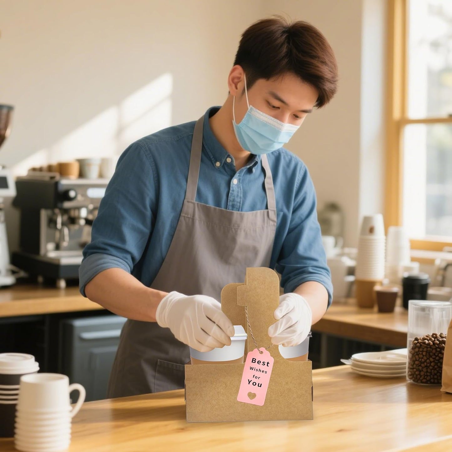 2 Cup Drink Carrier,16 Pack Coffee Cup Holders with Handle,Cardboard Cup Holders for Hot or Cold Drinks,Coffee Carrier with Ribbon and Card,Food Delivery Services and Bouquet(Green)