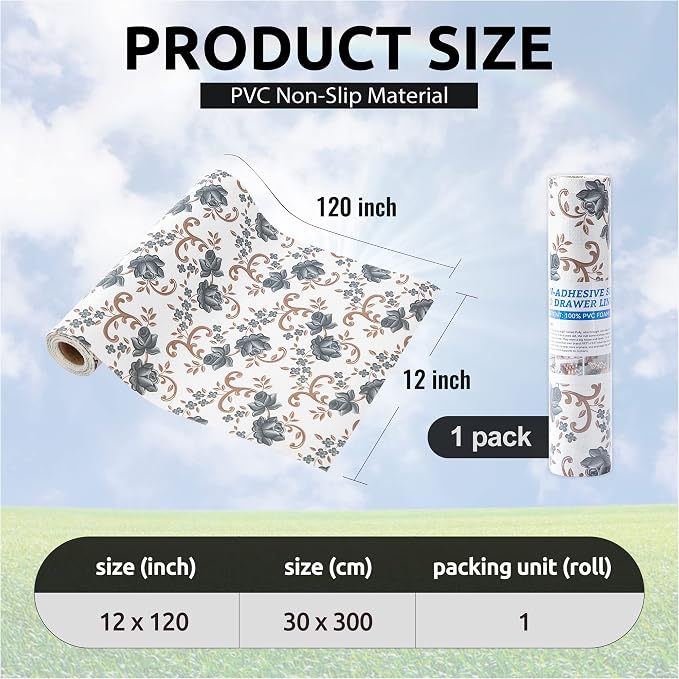 FIFTY FEET 12X120 Inch Shelf Liner for Kitchen Cabinets, PVC Drawer Liner for Dresser Non-Slip Bathroom, Non-Adhesive Cabinet Liner Washable (Black Floral)(1 Roll) - Image 3