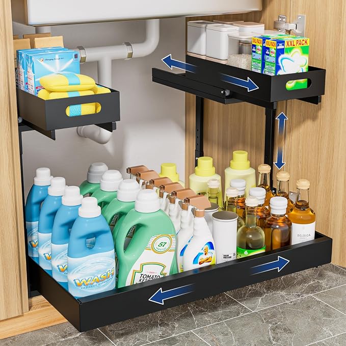 Insputer Upgrade Expandable Under Sink Organizer, 2 Tier Metal Under Cabinet Storage with 3 Slide Rails, Height Adjustable, Thickened Pull Out Drawer Shelf for Bathroom, Kitchen, Laundry, Pantry by Insputer