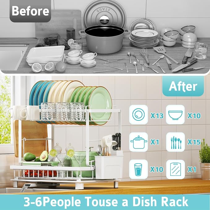 2-Tier Dish Drying Rack for Kitchen Counter, Space-Saving, White - Image 7