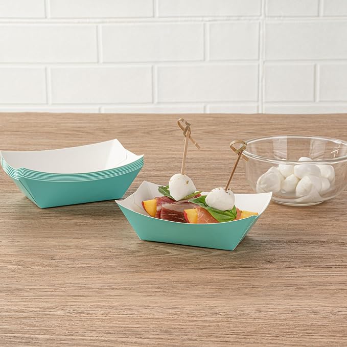 Restaurantware-Bio Tek 6 Ounce Boat Paper Boats, 400 Disposable #40 Food Trays - PE Lining, Durable, Turquoise Paper Food Baskets, For Concession Stands, Picnics, or Fairs, Stackable - Image 7