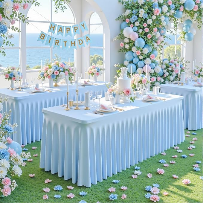 gogoparti 4 Pack Spandex Baby Blue Fitted Table Cloth for 8ft Rectangle Tables Light Blue Stretch Tablecloth Banquet Table Covers Wrinkle Free Tablecloths for Parties Wedding - Image 2