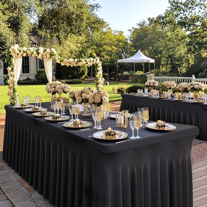 4 pk Black Spandex Tablecloth 6ft with Ruffled Skirt,Wrinkle Free High Stretch Fitted Tablecloths for 6 Foot Rectangle Tables,Pleated Elastic Spandex Table Covers 6ft for Parties Wedding Banquet - Image 6