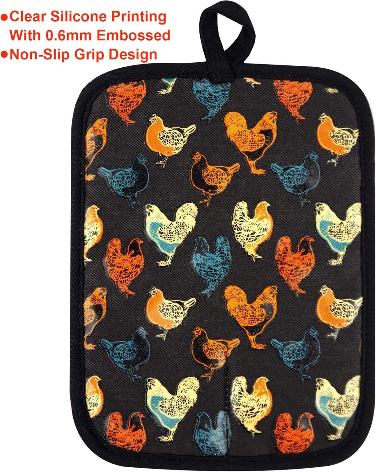 Pot Holders Set of 2 Heat Resistant 480 ℉Non Slip Clear Silicone Printed Comfortable Cotton Lining Kitchen Women Men Cooking Baking Microwave Machine Washable (Rooster, Black Potholders)